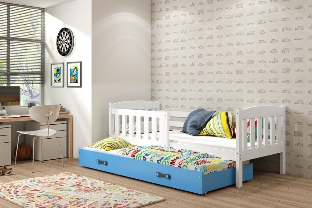 eoshop Detská posteľ Kubus - 2 osoby, 80x190 s výsuvnou prístelkou - Biela, Modrá